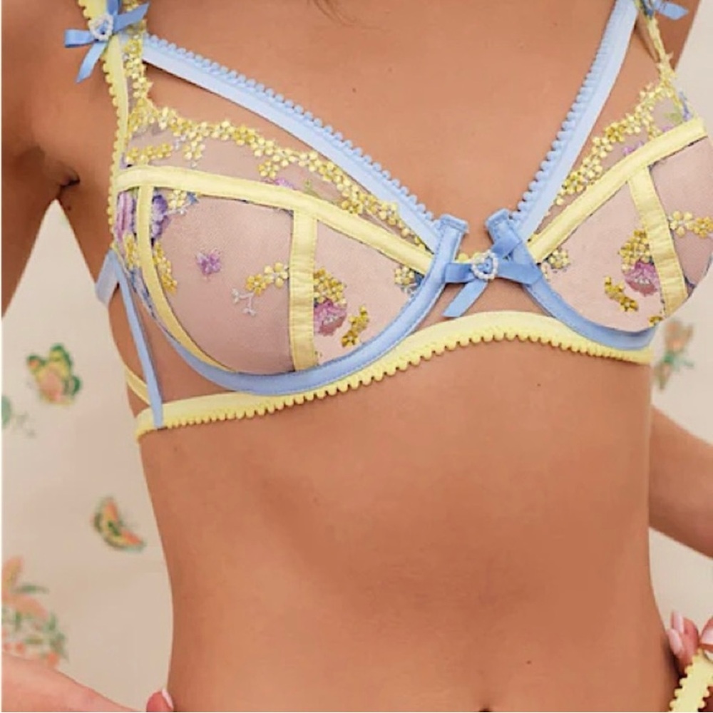 NWT For Love & Lemons Floral Embroidered Sheer Bra L Blue Yellow $110 Retail